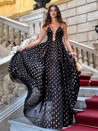 Cocolii robe longue mousseline à pois à volantée dos nu à fines brides v-cou sans manches femme élégant de soirée cérémonie