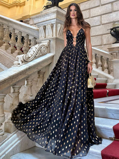 Cocolii robe longue mousseline à pois à volantée dos nu à fines brides v-cou sans manches femme élégant de soirée cérémonie