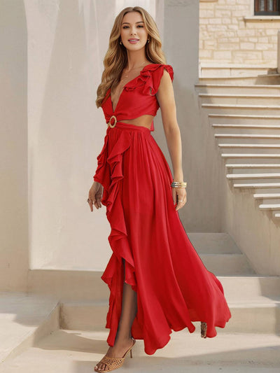 Cocolii robe longue v-cou découpes fendu le côté à volantée nœud dos nu sans manches femme bohème décontracté de plage