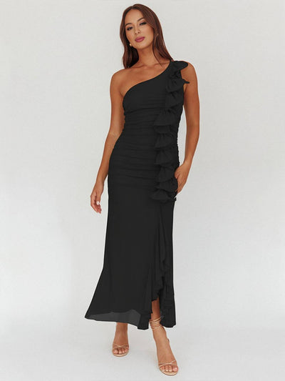 Cocolii robe longue mousseline moulante irrégulière tulle fendu fluide dos nu une épaule sans manches femme décontracté de plage