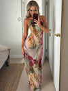 Cocolii robe longue d'été moulante imprimé à fleurie fendu dos nu licou bénitier sans manches décontracté vintage de plage