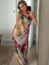 Cocolii robe longue d'été moulante imprimé à fleurie fendu dos nu licou bénitier sans manches décontracté vintage de plage