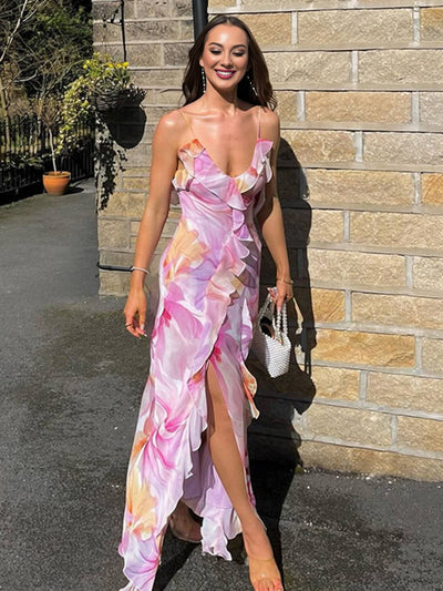 Cocolii robe longue pastel imprimé à fleurie fluide et volantée fendue sur la jambe idéale pour un été chic et décontracté