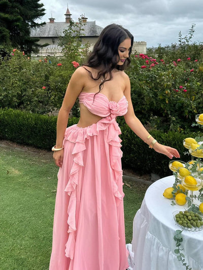 Cocolii longue robe mousseline bustier irrégulière fleurie fendu à volantée dos nu sans manches décontracté boho de plage
