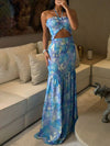 Cocolii robe longue imprimé à fleurie découpes moulante sirene bustier dos nu licou sans manches casual décontracté de plage