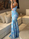 Cocolii robe longue imprimé à fleurie découpes moulante sirene bustier dos nu licou sans manches casual décontracté de plage