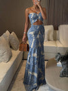 Cocolii robe longue imprimé à fleurie découpes moulante sirene bustier dos nu licou sans manches casual décontracté de plage