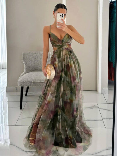 Cocolii robe longue tulle imprimé à fleurie v-cou découpes cross dos nu à fines brides sans manches élégant décontracté de plage
