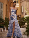 Cocolii longue robe de soirée tutu tulle moulante imprimé à fleurie bustier fendu volantée sans manches élégant vintage bal de promo