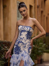 Cocolii longue robe de soirée tutu tulle moulante imprimé à fleurie bustier fendu volantée sans manches élégant vintage bal de promo