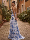 Cocolii longue robe de soirée tutu tulle moulante imprimé à fleurie bustier fendu volantée sans manches élégant vintage bal de promo