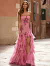 Cocolii longue robe de soirée tutu tulle moulante imprimé à fleurie bustier fendu volantée sans manches élégant vintage bal de promo