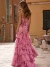 Cocolii longue robe de soirée tutu tulle moulante imprimé à fleurie bustier fendu volantée sans manches élégant vintage bal de promo