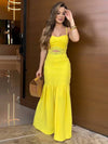 Cocolii robe longue moulante à fines brides fendu découpes à volantée sans manches femme élégant décontracté bal de promo de plage