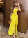 Cocolii robe longue moulante à fines brides fendu découpes à volantée sans manches femme élégant décontracté bal de promo de plage