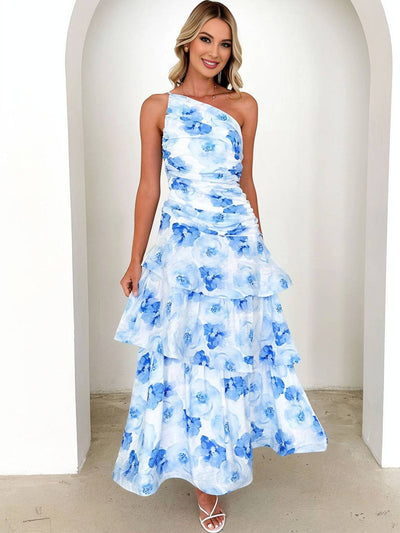 Cocolii robe longue imprimé à fleurie une épaule à volantée dos nu sans manches femme élégant décontracté bal de promo
