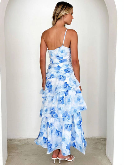 Cocolii robe longue imprimé à fleurie une épaule à volantée dos nu sans manches femme élégant décontracté bal de promo