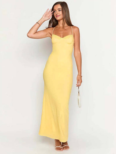 Cocolii robe longue moulante v-cou croisé dos dos nu sans manches femme casual élégant bal de promo de plage