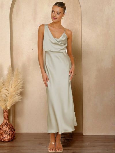 Cocolii longue robe en satin irrégulière v-cou col bénitier et dos nu sans manches élégant femme pour une soirée invité mariage