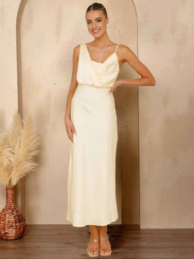 Cocolii longue robe en satin irrégulière v-cou col bénitier et dos nu sans manches élégant femme pour une soirée invité mariage