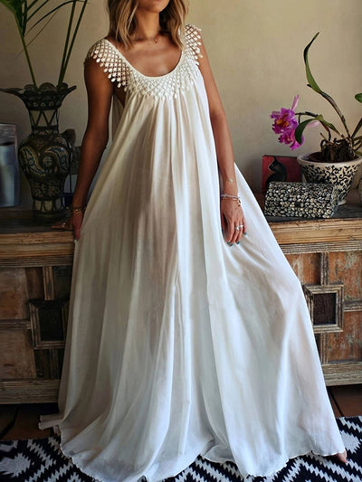 Cocolii robe longue unicolore col rond sans manches frange femme bohème lâche ample décontracté de plage