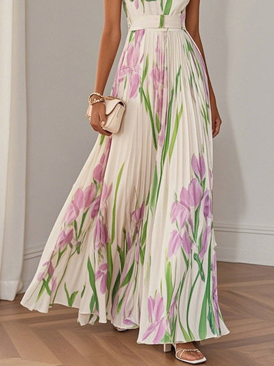 Cocolii longue robe imprimé à fleurie col carré plissé à fines brides sans manches femme élégant décontracté de soirée bal de promo