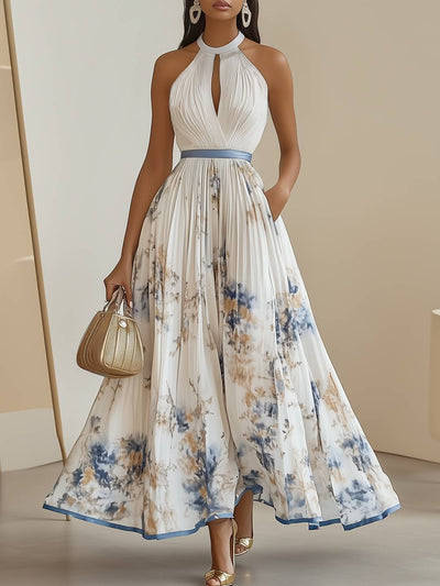 Cocolii robe longue imprimé à fleurie plissé ceinture licou sans manches découpes élégant de soirée bal de promo cérémonie