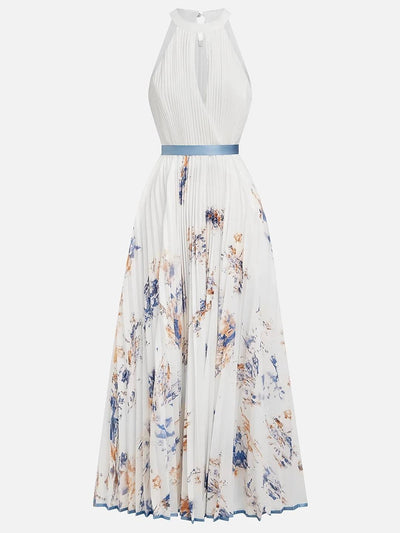 Cocolii robe longue imprimé à fleurie plissé ceinture licou sans manches découpes élégant de soirée bal de promo cérémonie