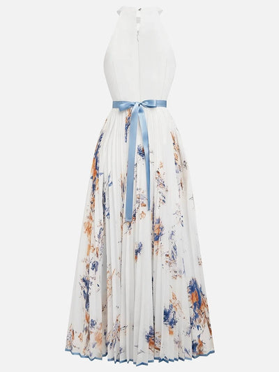 Cocolii robe longue imprimé à fleurie plissé ceinture licou sans manches découpes élégant de soirée bal de promo cérémonie