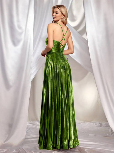 Cocolii longue robe couleur métallique plissé bustier fendu le côté croisé dos dos nu licou sans manches bal de promo cérémonie