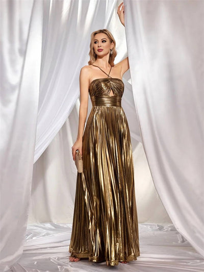 Cocolii longue robe couleur métallique plissé bustier fendu le côté croisé dos dos nu licou sans manches bal de promo cérémonie