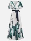 Cocolii robe longue imprimé à fleurie v-cou manches courtes ceinture élégant décontracté vintage bal de promo de plage