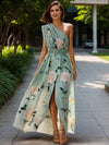 Cocolii robe longue imprimé à fleurie fendu fluide une épaule sans manches élégant décontracté mode casual de plage