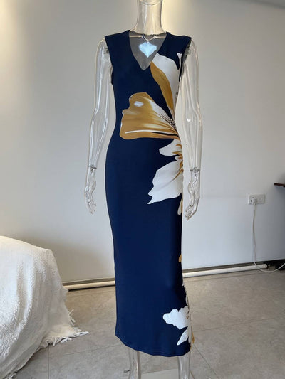 Cocolii longue robe de cocktail imprimé à fleurie v-cou sans manches femme élégant chic pour toutes occasions