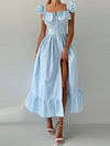 Cocolii robe longue rayé fendu à volantée boutonnage col carré femme casual doux élégant décontracté de plage