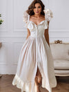 Cocolii robe longue rayé fendu à volantée boutonnage col carré femme casual doux élégant décontracté de plage