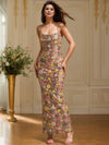 Cocolii robe longue moulante brillante paillette imprimé à fleurie à fines brides sans manches femme de soirée cérémonie