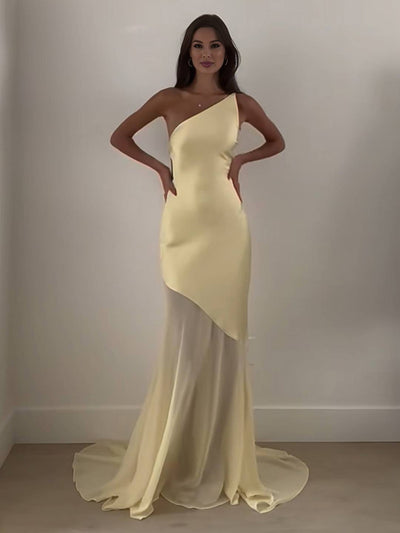 Cocolii longue robe de soirée en satin une épaule dos nu femme élégant ourlet tulle sirène transparent cérémonie