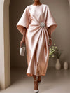 Cocolii robe longue en satin col rond manches longues femme élégant ample décontracté bal de promo cérémonie robe de soirée