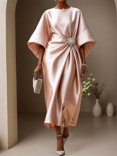 Cocolii robe longue en satin col rond manches longues femme élégant ample décontracté bal de promo cérémonie robe de soirée
