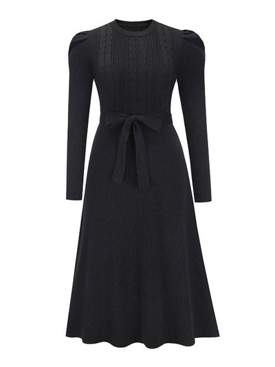 Cocolii robe pull femme en maille trapèze ceinture col rond manches bouffantes manches longues doux élégant d'hiver