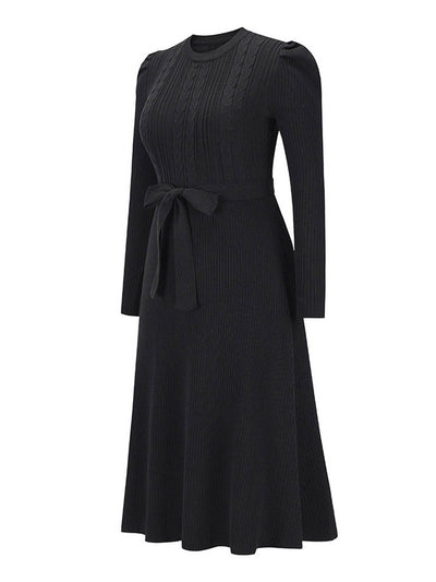 Cocolii robe pull femme en maille trapèze ceinture col rond manches bouffantes manches longues doux élégant d'hiver