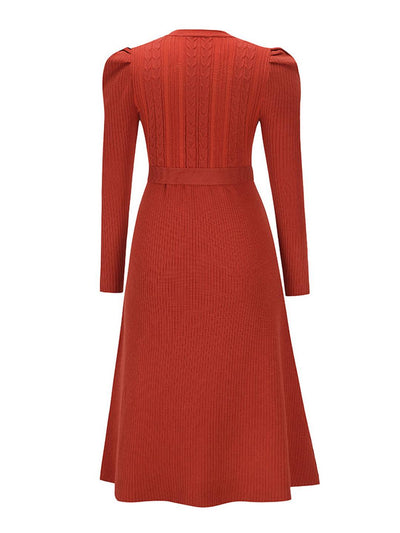 Cocolii robe pull femme en maille trapèze ceinture col rond manches bouffantes manches longues doux élégant d'hiver