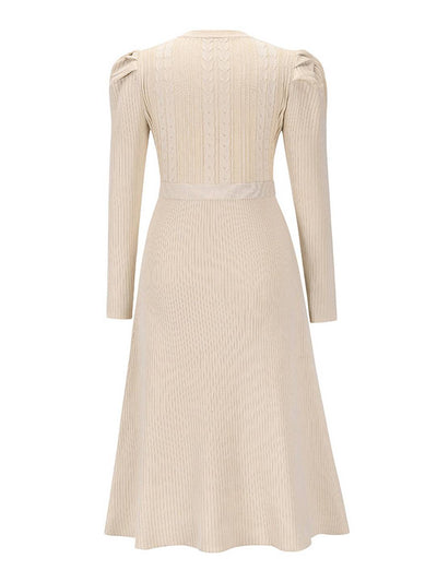 Cocolii robe pull femme en maille trapèze ceinture col rond manches bouffantes manches longues doux élégant d'hiver