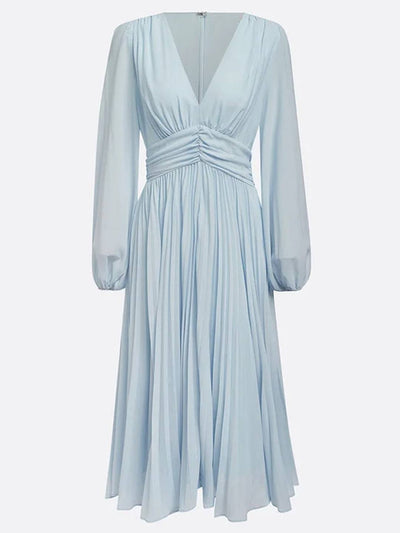 Cocolii mi-longue robe en mousseline plissée v-cou manches longues élégant décontracté de soirée robe bal de promo cérémonie