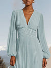 Cocolii mi-longue robe en mousseline plissée v-cou manches longues élégant décontracté de soirée robe bal de promo cérémonie
