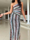 Cocolii longue robe de soirée moulante rayé une épaule sans manches femme élégant décontracté vintage robe de plage