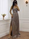 Cocolii robe longue de soirée v-cou cross fluide plissé dos nu sans manches femme élégant vintage bal de promo cérémonie