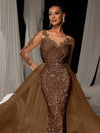 Cocolii longue robe de soirée femme dentelle sirène brillante paillette avec sur-jupe en tulle manches longues cérémonie