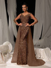 Cocolii longue robe de soirée femme dentelle sirène brillante paillette avec sur-jupe en tulle manches longues cérémonie
